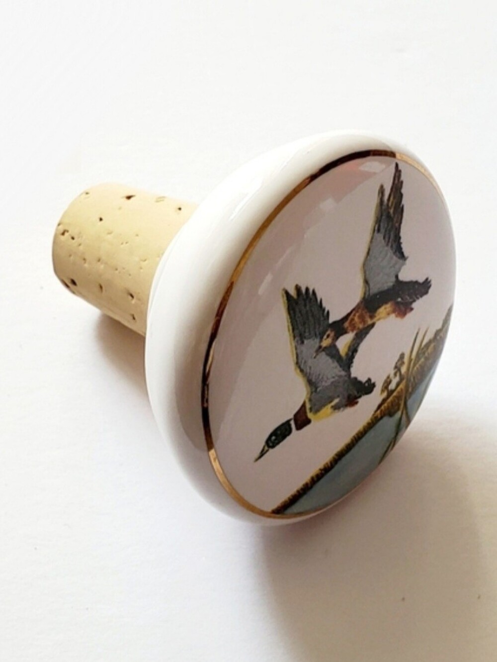 Ceramic and Cork Bottle Stopper - Two Flying Ducks